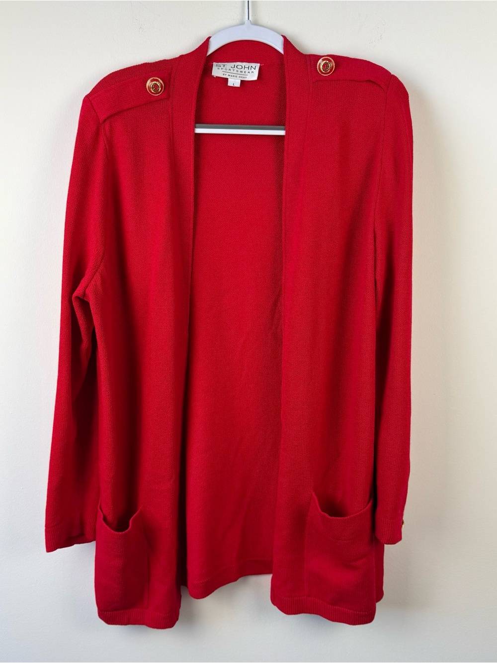 St. John Open Front Knit Cardigan Vintage Red With Gold Buttons